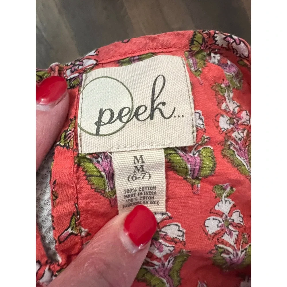 Peek Kids Girls Coral Floral Cotton Block Print Dress Long Sleeve Size M 6-7